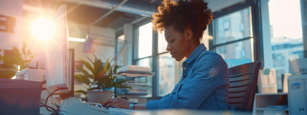Businesswoman using online fax services at her desk